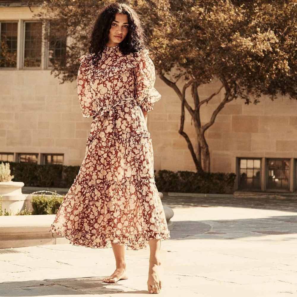 Floral Print Maxi Dress in Beige and Brown